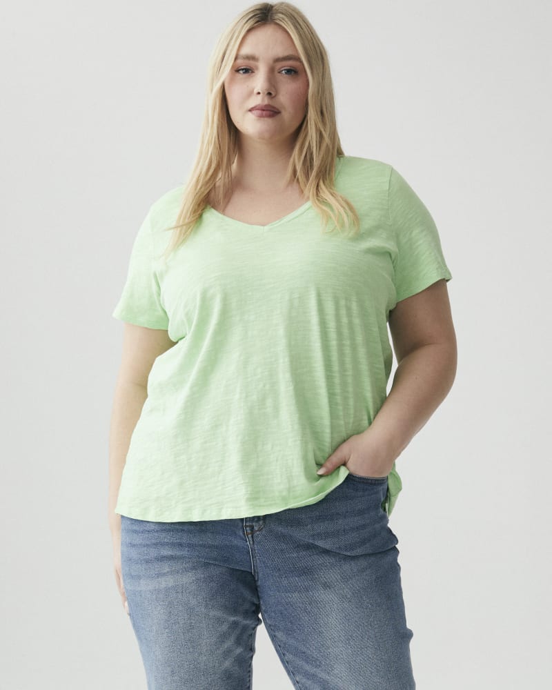 Front of a model wearing a size 1X Michelle Soft Cotton Tee in Light Green by Meri Skye. | dia_product_style_image_id:268697